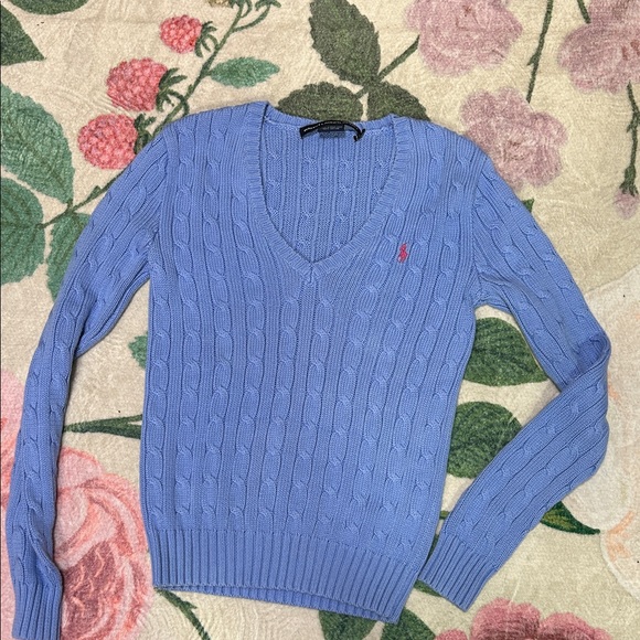 Polo by Ralph Lauren Women's Blue Cable Knit V-Neck Sweater - Picture 1 of 3